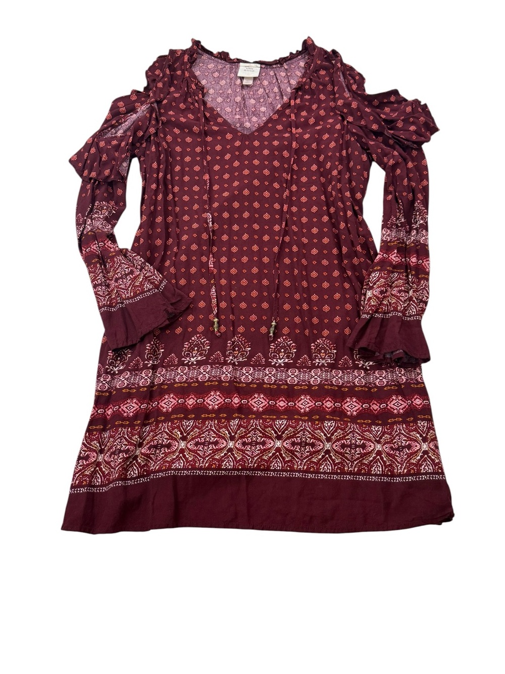 Knox Rose Burgundy Printed Cut Out Shoulder Long Sleeve Dress Size XL Womens
